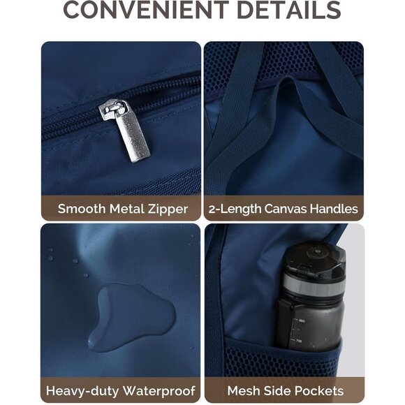 Women Navy Beach Bag Large Waterproof Sandproof Foldable Tote With Zipper Mesh - Picture 6 of 7